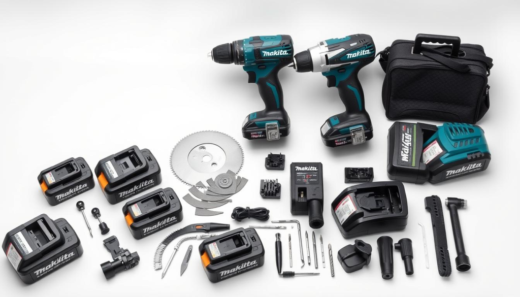 A high-quality, well-lit product shot of an assortment of Makita power tool accessories, including batteries, chargers, saw blades, drill bits, and other essential components. The items are neatly arranged on a clean, minimalist background, allowing the tools to be the focal point. The lighting creates a sense of depth and highlights the details and textures of the accessories. The overall composition is balanced and visually appealing, showcasing the Makita brand's attention to quality and functionality.