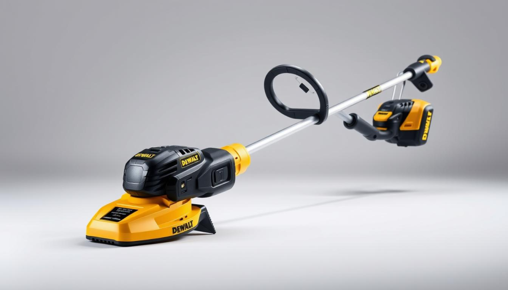 A high-quality, well-lit product shot of the DEWALT 40V MAX Brushless String Trimmer, showcasing its sleek and robust design. The trimmer is prominently featured in the center of the frame, with a clean, neutral background that allows the tool to stand out. Subtle reflections and highlights accentuate the brushless motor and cordless battery pack, conveying a sense of power and efficiency. The image captures the trimmer's versatility and suitability for tackling yard work, while also highlighting its premium construction and value proposition.