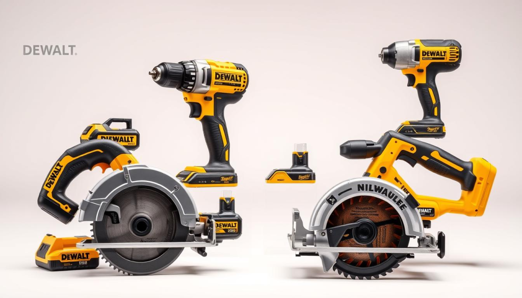 A high-quality, well-lit studio image showcasing an assortment of DEWALT power tools, including a cordless drill, impact driver, circular saw, and reciprocating saw, artfully arranged against a clean, neutral background. The tools are presented in a side-by-side comparison with their Milwaukee counterparts, highlighting the sleek, modern design and premium construction of the DEWALT lineup. The image conveys a sense of professional-grade performance, durability, and versatility, reflecting the wide range of DEWALT's product offerings for the discerning tradesperson.