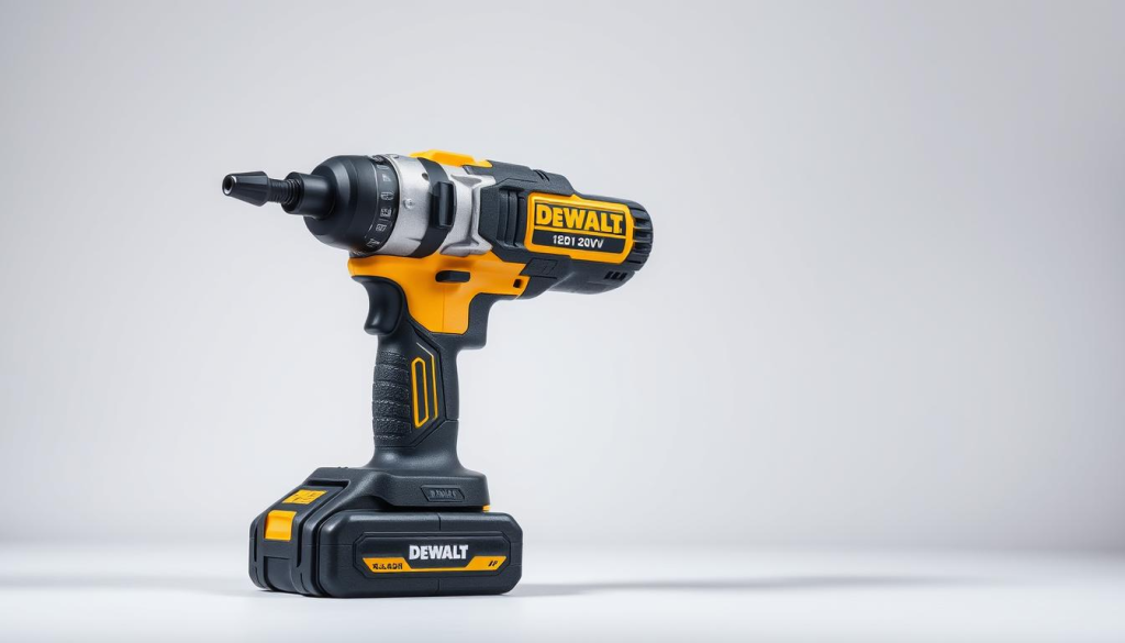 A high-quality, well-lit studio photograph of a DEWALT 20V cordless power tool, showcasing its sleek and modern design. The tool is positioned prominently in the foreground, with a clean, neutral background that allows the product to take center stage. The lighting creates a soft, even illumination, highlighting the tool's textured grip, metallic accents, and the iconic DEWALT logo. The composition is balanced and professional, conveying a sense of quality and attention to detail that reflects the product's reputation for durability and performance.