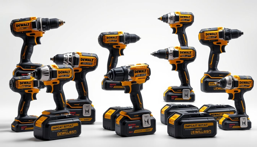 A high-quality, well-lit studio photograph of an assortment of DEWALT impact driver models, including the latest cordless and brushless versions, arranged in an appealing composition on a clean white background. The drivers are captured at various angles, showcasing their distinct designs, features, and color schemes. The image conveys a sense of professionalism, highlighting the precision and power of these DEWALT tools. The lighting is soft and diffused, creating subtle shadows and highlights that accentuate the textures and details of the impact drivers. The composition is balanced and visually compelling, drawing the viewer's attention to the key models being featured.