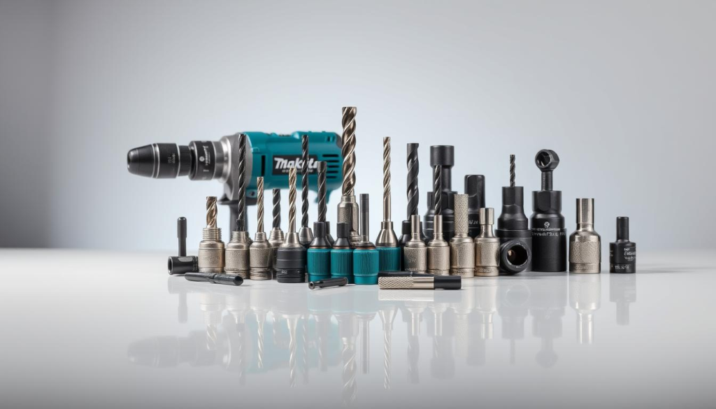 A high-quality, well-lit studio photograph of an assortment of Makita hammer drill accessories, including a variety of drill bits, sockets, and other attachments, neatly arranged on a clean, reflective surface. The items are showcased against a soft, diffuse background, allowing the details and textures of the accessories to be clearly visible. The lighting is carefully balanced to create a sense of depth and dimension, highlighting the professional-grade construction and versatility of the Makita tools. The overall composition and styling convey the reliability and versatility of these essential accessories for a Makita hammer drill.