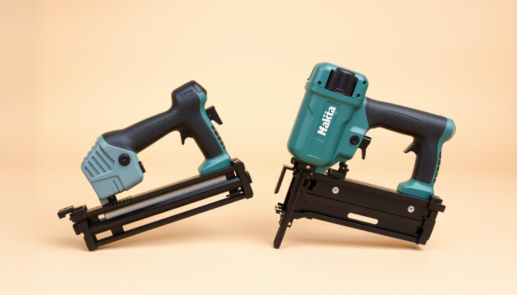 A high-quality, well-lit studio photograph of two Makita pin nailers placed side-by-side on a clean, neutral-colored background. The nailers are positioned at a slight angle, highlighting their sleek, modern designs and showcasing key features like the ergonomic handles, trigger mechanisms, and adjustable depth-of-drive knobs. Careful attention is paid to the materials, finishes, and overall build quality of the tools. The image conveys a sense of precision, reliability, and the kind of attention to detail that would be important for a prospective buyer evaluating these products.