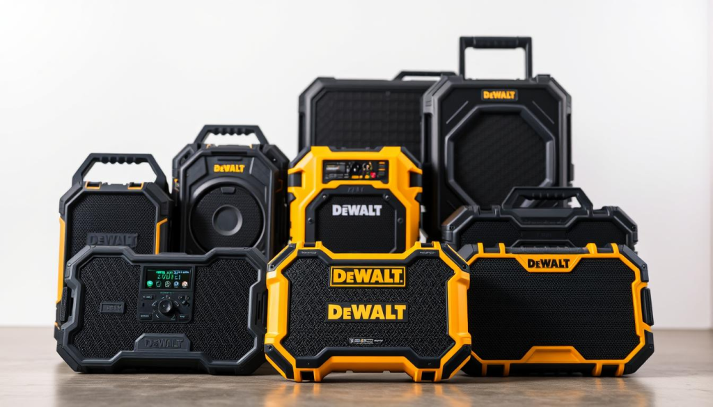 A high-resolution close-up comparison of several rugged waterproof speakers, including the DEWALT model. The speakers are arranged in the foreground, showcasing their sturdy designs and varied control panels. The middle ground features a clean, minimalist backdrop, allowing the products to be the focal point. The lighting is soft and diffused, creating an even, natural illumination that highlights the speakers' textures and colors. The overall mood is one of functionality and durability, reflecting the practical nature of the subject matter.
