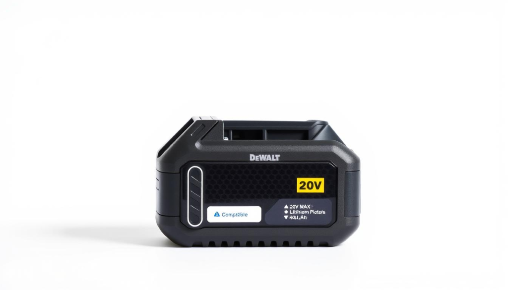 A high-resolution close-up photograph of a DEWALT 20V MAX* Lithium-Ion 4.0Ah battery pack, showcasing its sleek and durable design. The battery is positioned against a plain white background, allowing it to take center stage. Crisp lighting from the left side highlights the battery's textured black casing and the prominent DEWALT logo. The image captures the battery's compatibility and versatility, emphasizing its ability to power a wide range of DEWALT tools. The overall mood is clean, professional, and focused on the key product details.