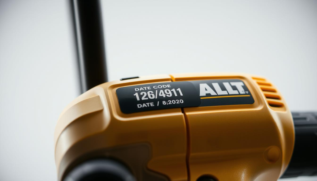 A high-resolution, close-up photograph of a DeWALT power tool, showcasing the location and details of the date code. The tool is positioned in the center of the frame, with a clean, well-lit background that highlights the product's features. The image captures the date code label in sharp focus, allowing for clear identification of the manufacturing date. The lighting is soft and diffused, creating a professional, technical aesthetic. The angle is slightly tilted to provide a dynamic perspective, drawing the viewer's attention to the important details. The overall mood is one of precision, clarity, and attention to detail, reflecting the engineering and craftsmanship of the DeWALT brand.