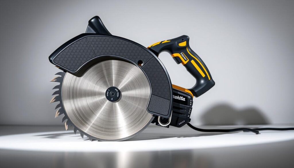 A high-resolution close-up view of a Makita concrete saw, showcasing its key features. The saw is positioned on a clean, bright surface, with a sharp focus on the blade guard, cutting depth adjustment, and ergonomic handle. The saw's sleek black and yellow design is highlighted by dramatic studio lighting, casting dramatic shadows that accentuate its power and precision. The background is a plain, neutral color, allowing the saw to be the sole focus of the image. The overall scene conveys the saw's robust construction, advanced functionality, and suitability for demanding concrete cutting tasks.