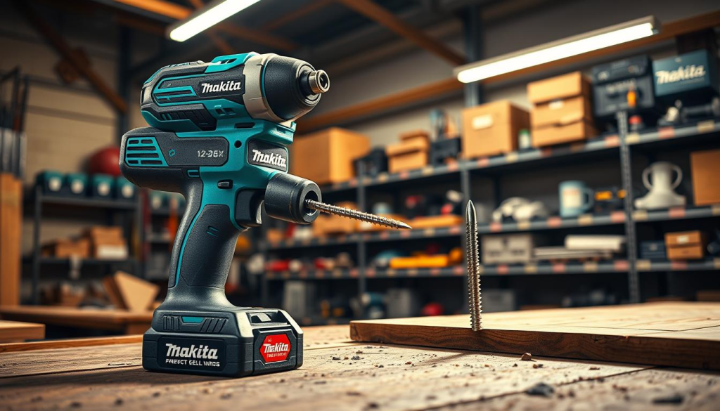 A high-resolution, detailed, and photorealistic image of a Makita 1/2 impact driver in a well-lit, industrial workshop setting. The driver is shown from a slightly elevated angle, showcasing its robust construction and ergonomic design. The foreground highlights the driver's powerful motor, battery, and torque capabilities, while the middle ground depicts the tool in use, driving a large screw into a wooden surface. The background features shelves of Makita power tools and accessories, conveying a sense of professionalism and efficiency. The lighting is warm and directional, casting subtle shadows that accentuate the driver's form and textures. The overall mood is one of precision, power, and the benefits of using a high-quality Makita impact driver for DIY projects.