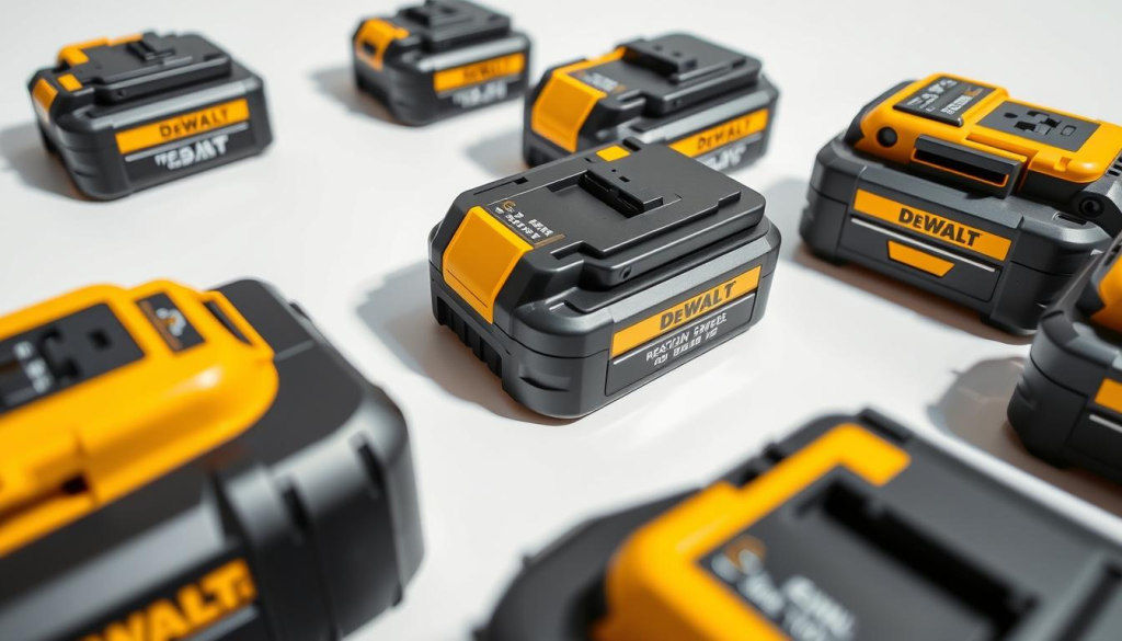 A high-resolution, detailed close-up image of several DeWalt battery packs, showcasing their various specifications and features. The batteries are positioned on a clean, white background, allowing the technical details to be the primary focus. The lighting is bright and even, creating clear shadows that accentuate the battery's textures and contours. The camera angle is slightly tilted, providing a dynamic and engaging perspective. The overall mood is one of technical precision and product expertise, suitable for an informative article on DeWalt battery transport.