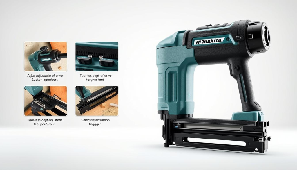 A high-resolution, detailed illustration of the Makita framing nailer showcasing its key features. Prominent in the foreground is the nailer itself, depicted in a clean, well-lit studio setting with a soft, neutral background. The nailer is shown at an angle, highlighting its ergonomic design and sturdy construction. In the middle ground, close-up views of the nailer's components are featured, such as the adjustable depth-of-drive mechanism, the tool-less depth adjustment, and the selective actuation trigger. The background subtly suggests the nailer's versatility, with hints of a construction site or workshop environment. The overall mood is one of precision, functionality, and the reliable performance that Makita power tools are known for.