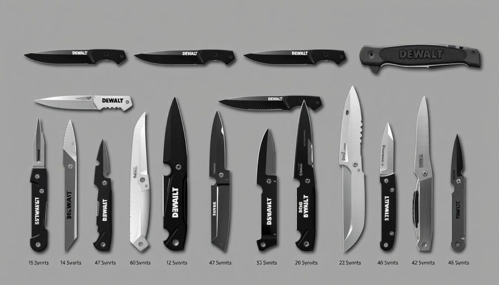 A high-resolution, detailed illustration of various DEWALT folding knife blade types, arranged in a clean, organized layout. The blades are shown in the foreground, with a muted gray or dark background to emphasize their form and construction. Lighting is soft and even, accentuating the textures and material properties of the blades. The camera angle is slightly elevated, providing an unobstructed view of the different blade shapes, lengths, and edge styles. The overall mood is informative and technical, conveying the quality and durability of DEWALT's folding knife designs.