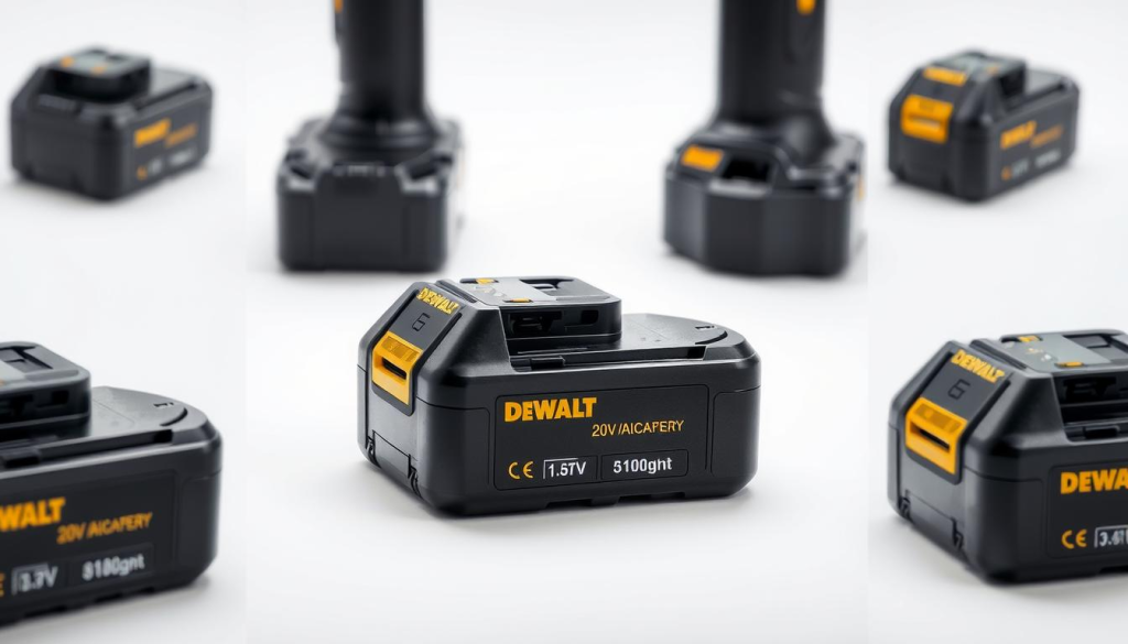 A high-resolution, detailed image of a DEWALT 20V battery pack from multiple angles. The battery is centered in the frame, capturing its sleek, black rectangular shape, the DEWALT logo, and the battery capacity indicators. The image is shot in a well-lit studio setting, showcasing the battery's smooth textures and reflective surfaces. The lighting creates soft shadows and highlights, emphasizing the battery's form and design. The background is clean and minimal, allowing the battery to be the focal point. The composition is balanced and professional, suitable for use in a technical article about DEWALT 20V battery compatibility.
