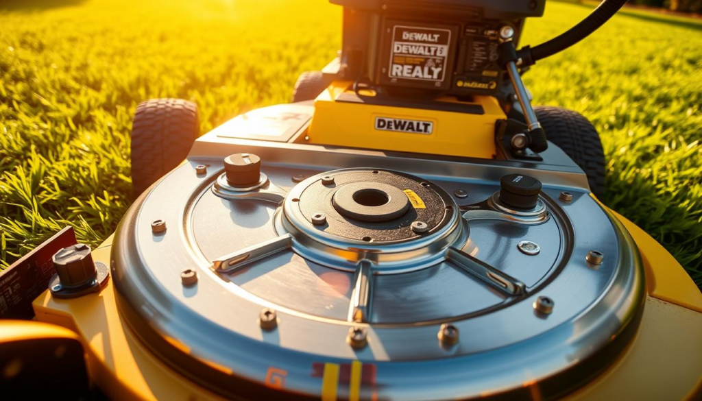 A high-resolution, detailed image of a DEWALT Zero Turn Mower Cutting Deck, shot from a low angle with a wide-angle lens to emphasize its size and power. The mower deck is the prominent foreground element, with a gleaming chrome finish and sharp, precisely engineered blades. The background features a lush, verdant lawn, bathed in warm, golden sunlight to create a vibrant, natural setting. The overall scene conveys the efficiency, durability, and performance of the DEWALT Zero Turn Mower, highlighting its key features for an article on "Elevate Your Lawn with DEWALT Zero Turn Mowers".