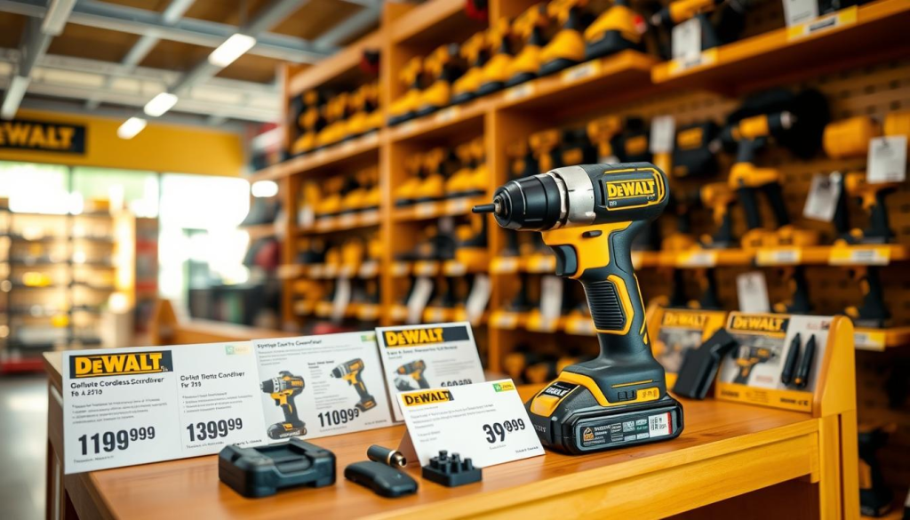 A high-resolution, detailed image of a Dewalt 8V Gyroscopic Cordless Screwdriver set, showcasing the various pricing and purchasing options. The scene is set in a warm, well-lit hardware store environment, with the screwdriver prominently displayed on a wooden shelf alongside price tags, product information cards, and related accessories. The screwdriver is captured from a slightly elevated angle, allowing the viewer to clearly see its sleek, modern design and the gyroscopic control mechanism. The background features blurred shelves stocked with various Dewalt power tools, creating a sense of context and brand recognition. The overall mood is professional, informative, and visually appealing, intended to showcase the screwdriver's features and purchasing options.