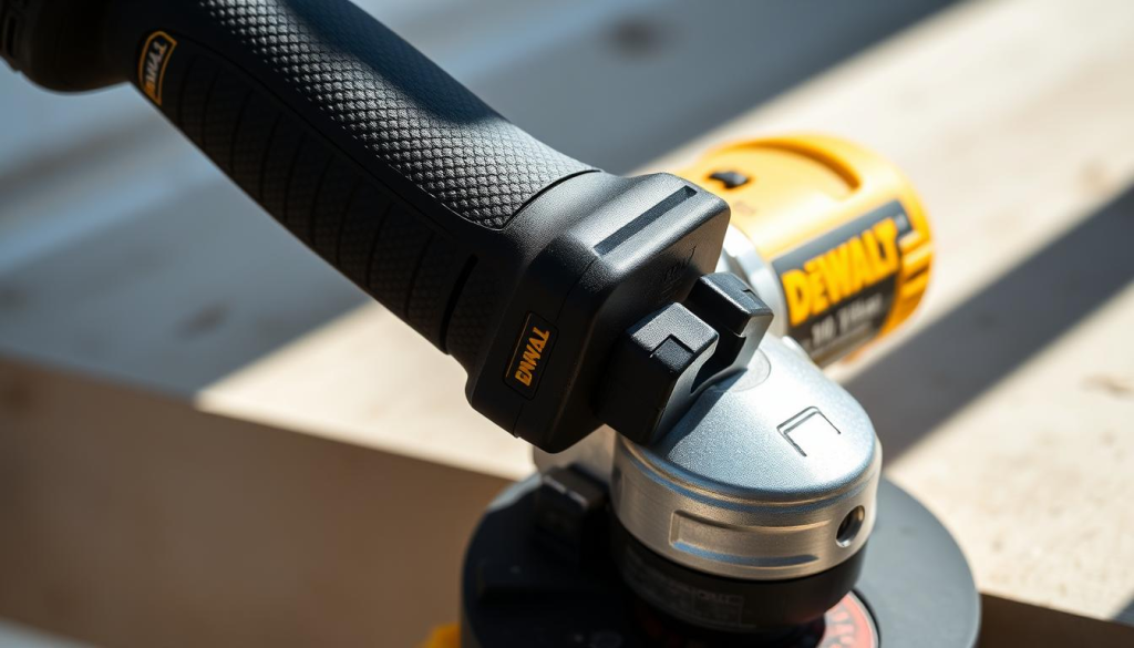 A high-resolution, detailed image of the DEWALT 921 angle grinder showcasing its ergonomic design. The grinder is positioned in the center of the frame, with a crisp focus on the textured rubber grip, sleek metal housing, and compact form factor. The lighting is natural and directional, casting subtle shadows that emphasize the contours and curves of the tool. The background is slightly blurred, keeping the attention on the grinder's ergonomic features - the well-placed handles, trigger, and guards that enable comfortable, controlled operation. The overall mood is one of precision engineering and high-quality craftsmanship, reflecting the robust build and thoughtful design of the DEWALT 921.