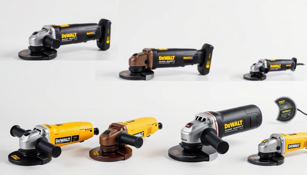 A high-resolution, detailed product comparison image showcasing various DEWALT grinder models. The foreground features the grinders themselves, positioned in a grid-like arrangement, each model clearly visible with distinct features and specifications. The middle ground includes a clean, minimal background with a soft, neutral color palette to emphasize the products. Subtle studio lighting creates depth and highlights the grinders' textures and finishes. The overall composition conveys a sense of professionalism and authority, suitable for an informative article on DEWALT grinder pricing.