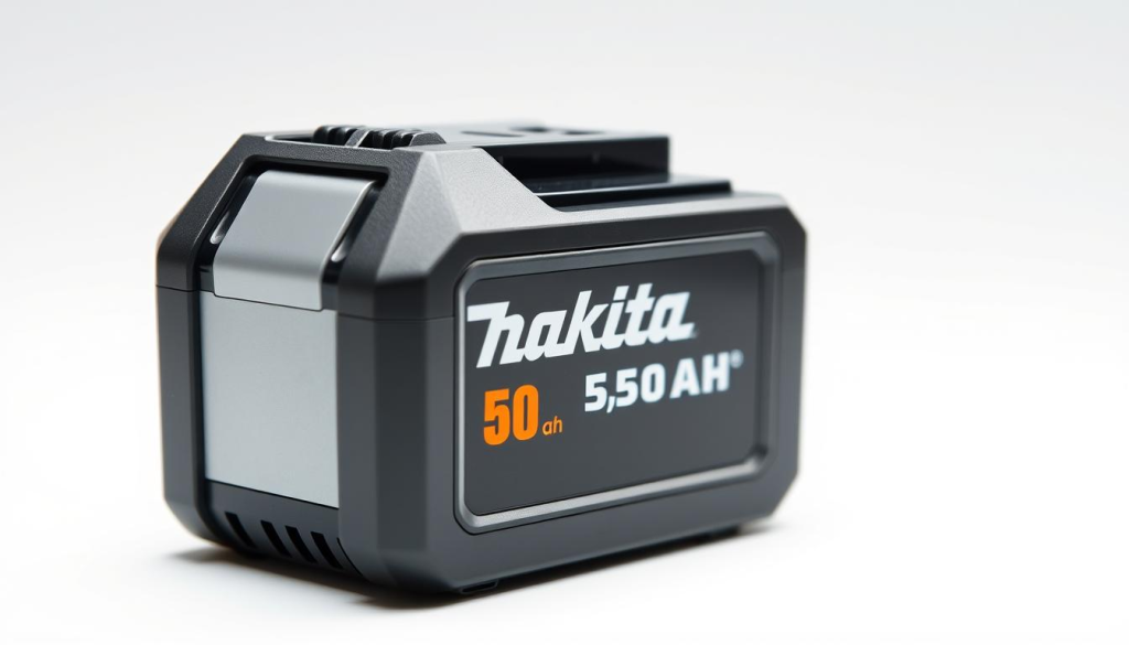 A high-resolution, detailed product shot of a Makita 5.0 Ah lithium-ion battery pack. The battery is positioned against a clean, bright background, illuminated by soft, even lighting to showcase its sleek, modern design. The battery's outer casing has a metallic finish that reflects the light subtly, while the Makita logo and model information are clearly visible. The frame is tightly cropped to fill the image, drawing the viewer's attention to the battery's robust, substantial form and the power it represents. The overall mood is professional, highlighting the battery's quality, performance, and suitability for heavy-duty power tools.