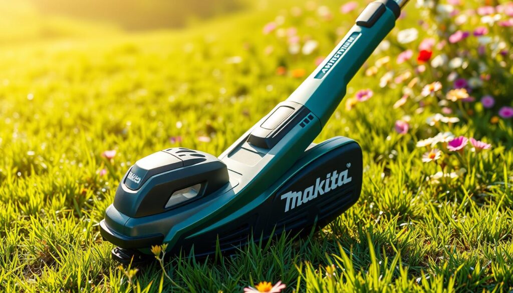 A high-resolution image of a Makita weed trimmer in a well-lit, natural outdoor setting. The trimmer is featured prominently in the foreground, its sleek green and black body gleaming under soft, warm sunlight. The trimmer's powerful motor and cutting head are clearly visible, conveying a sense of efficient, reliable performance. The background is a lush, verdant lawn, dotted with vibrant wildflowers, creating a picturesque, serene atmosphere. The overall composition is balanced and visually appealing, showcasing the Makita weed trimmer as a versatile and essential tool for effortless lawn care.