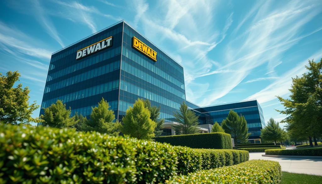 A high-resolution, photorealistic image of the Stanley Black & Decker corporate headquarters, the parent company of DEWALT power tools. In the foreground, the DEWALT logo is prominently displayed on the modern, glass-and-steel facade of the building. The middle ground features well-manicured landscaping with lush green trees and hedges. In the background, a clear blue sky with wispy clouds creates a serene, professional atmosphere. The lighting is natural, with soft shadows highlighting the architectural details. The camera angle is elevated, providing a slightly low perspective to convey a sense of scale and importance.