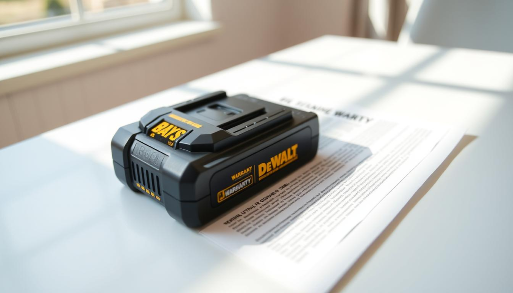 A high-resolution, realistic image of a DeWalt battery warranty document. The document is lying on a clean, white table, illuminated by natural light from a window. The document is crisp and in focus, revealing the terms and conditions of the warranty in clear, legible text. The background is blurred, creating a shallow depth of field that emphasizes the warranty document. The image conveys a sense of professionalism and attention to detail, reflecting the subject matter of the "Standard Warranty Duration" section.