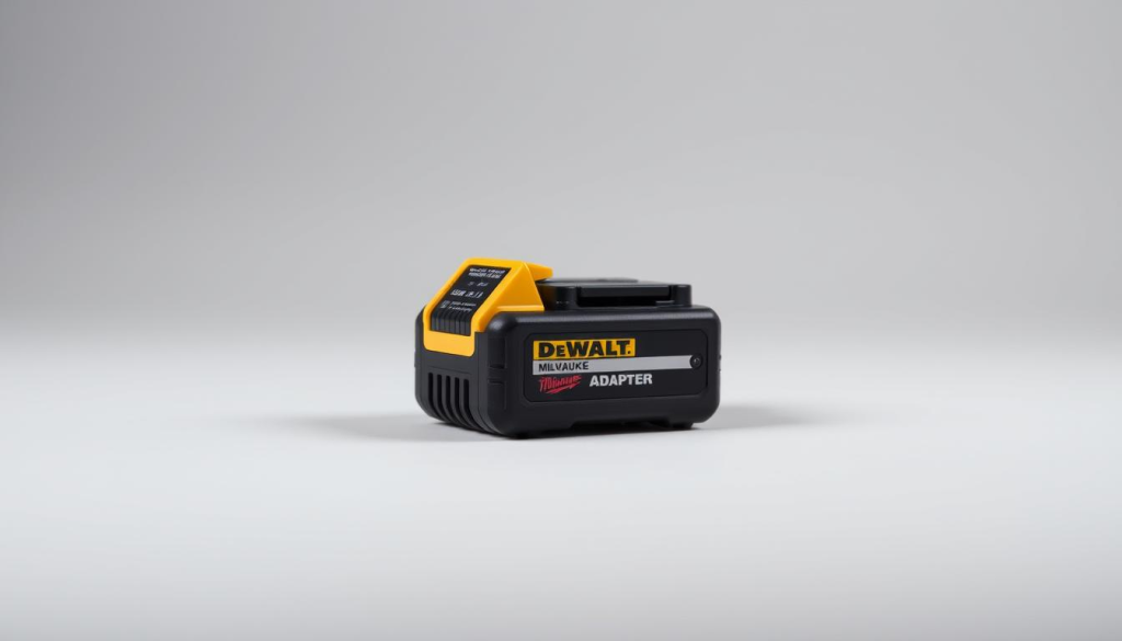 A high-resolution, studio-quality photograph of a DeWalt to Milwaukee battery adapter. The adapter is centered in the frame, with a clean, neutral background that allows the device to be the focal point. The adapter is shown from multiple angles, highlighting its form, connectors, and overall design. The lighting is soft and even, with a slight directional quality that accentuates the adapter's contours. The depth of field is shallow, keeping the adapter in sharp focus while blurring the background. The overall mood is informative and practical, emphasizing the technical details of the adapter.