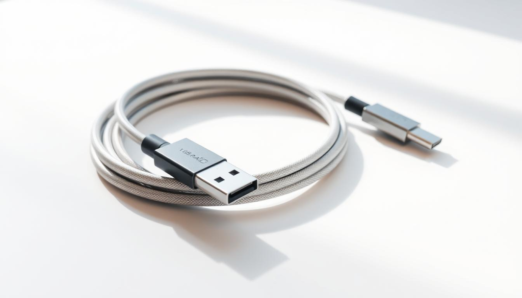 A high-speed USB-C cable lies on a sleek, minimalist desk, its silver-gray sheen catching the soft, natural light flooding the room. The cable is coiled neatly, its connectors prominently displayed, inviting close inspection. The background is a clean, white expanse, allowing the cable to be the central focus. Subtle shadows and highlights accentuate the cable's form, conveying a sense of quality and durability. The overall mood is one of simplicity, functionality, and a touch of modern sophistication, reflecting the subject's technical nature and the section's focus on customer reviews and feedback.