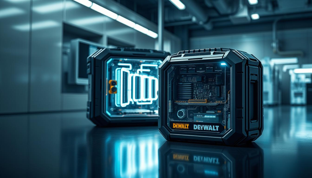 A high-tech, futuristic image of DeWalt's advanced battery technology. In the foreground, a sleek, metallic battery pack with intricate circuitry and cooling systems. Glowing blue indicators and touchpoints suggest cutting-edge power management. In the middle ground, a transparent housing reveals the internal components - robust cells, sophisticated BMS, and innovative heat dissipation. The background showcases a clean, minimalist laboratory setting with gleaming steel surfaces and scientific equipment, conveying a sense of innovation and technological prowess. Soft, directional lighting casts dramatic shadows, emphasizing the battery's advanced engineering. The overall mood is one of sophisticated, cutting-edge power technology.