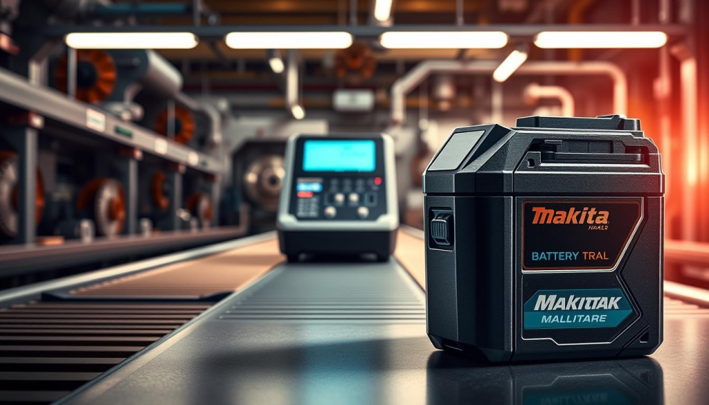A high-tech image showcasing the Makita Maktrak battery technology. In the foreground, a close-up view of the Maktrak battery pack, its sleek design and sturdy construction highlighted by dramatic lighting and shadows. In the middle ground, the Maktrak battery charger, a modern and efficient device with intuitive controls. In the background, a futuristic industrial setting with conveyor belts, gears, and metallic surfaces, creating a sense of advanced engineering and innovation. The overall scene conveys the power, reliability, and cutting-edge nature of the Makita Maktrak cordless tool system.