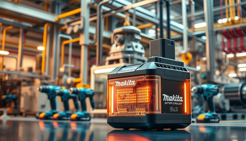 A high-tech, industrial scene of Makita's cutting-edge battery technology. In the foreground, a sleek, modern Makita battery pack glows with a warm, vibrant light, its intricate circuitry and advanced cells visible through a transparent casing. In the middle ground, a group of Makita power tools, their compact designs and vibrant colors contrasting with the industrial backdrop. In the background, a futuristic manufacturing facility, with towering machinery, intricate pipework, and a controlled, scientific atmosphere. The lighting is a balanced mix of warm and cool tones, creating a sense of technological sophistication and innovation. The overall composition conveys Makita's commitment to powering the future with their industry-leading battery technology.