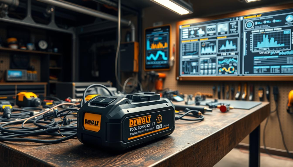 A high-tech workshop setting, illuminated by soft, directional lighting. On a sturdy workbench, a DEWALT battery rests amidst an array of electronic components and diagnostic tools. Cables and circuits intertwine, hinting at the battery's "Tool Connect" tracking technology. In the background, a wall-mounted display showcases real-time data, charts, and diagrams, providing insights into the battery's performance and location. The scene conveys a sense of innovation, precision, and the integration of cutting-edge tool management solutions.