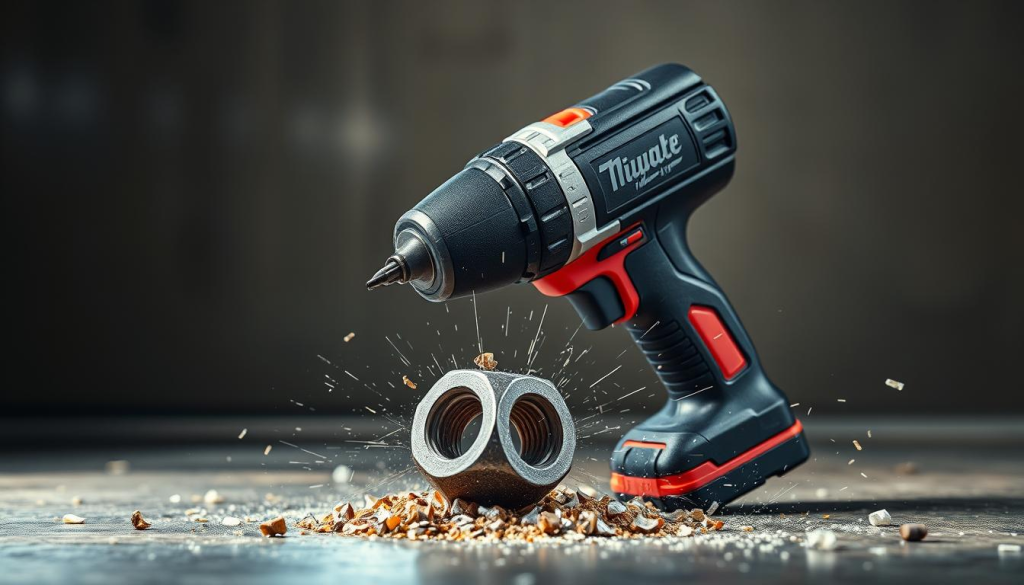 A high-torque impact driver demolishes a sturdy nut, surrounded by metal shavings and a powerful energy field. Bright LED lights illuminate the scene from multiple angles, casting dramatic shadows and highlighting the tool's industrial design. The driver's head is tilted slightly, conveying focused determination. The background fades to a muted metallic tone, emphasizing the impact's raw power and mechanical precision. Subtle motion blur suggests the driver's rapid rotational force, delivering a visceral sense of the tool's exceptional torque capabilities.