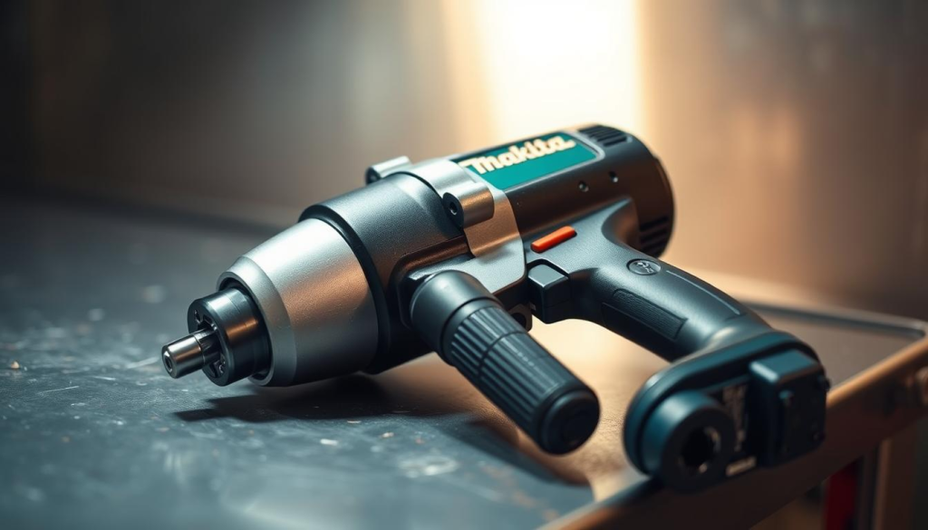 A high-torque impact wrench lying on a metallic workbench, illuminated by a warm overhead light. The tool's sleek, ergonomic design stands out against the matte black and silver tones of the background. The wrench's business end, with its powerful socket and sturdy casing, conveys its ability to tackle even the most demanding fastening tasks. The scene evokes a sense of professional-grade power and reliability, perfectly suited for the "Common Applications for Makita Impact Wrenches" section of the article.