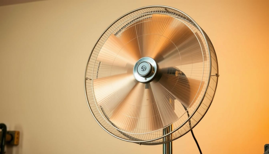 A high-velocity fan whirring with intensity, its powerful blades slicing through the air with precision. The fan stands tall, its sleek metal frame gleaming under warm, directional lighting. Blades spin rapidly, creating a sense of dynamic movement and energy. The background is clean and minimalist, allowing the fan to be the central focus. Angles are chosen to highlight the fan's impressive size and industrial design, conveying its utility and effectiveness in a workspace setting. An aura of efficiency and functionality pervades the scene, reflecting the needs of a professional workshop or garage.