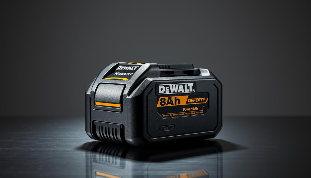 A highly detailed and photorealistic image of a DeWalt 8Ah power tool battery, showcasing its durability and power. The battery is placed on a sleek, metallic surface, casting a soft reflection. Dramatic studio lighting illuminates the battery from the side, creating a dramatic chiaroscuro effect that highlights its rugged construction and premium design. The battery is photographed at a slight angle, emphasizing its compact yet substantial form factor. The background is a simple, muted gray to keep the focus on the battery's impressive engineering and capabilities.