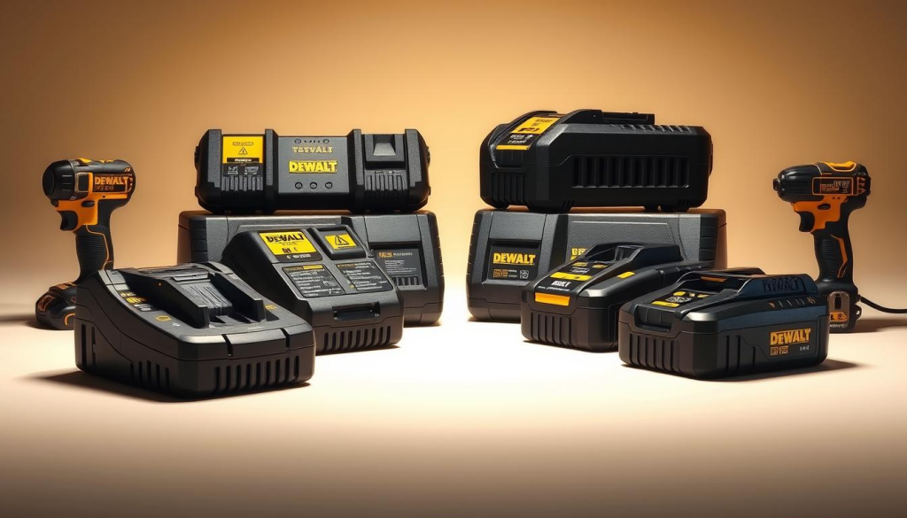 A highly detailed and photorealistic image showcasing a comparative display of several DEWALT battery charger models. Arranged in a well-lit, studio-style setting, the chargers are presented from a slightly elevated angle, allowing for clear visibility of their distinctive designs and features. The lighting is soft and directional, creating subtle shadows that enhance the three-dimensional quality of the products. The background is a clean, neutral tone, ensuring the chargers are the focal point. The overall composition conveys a sense of professionalism and technical precision, suitable for an informative article on DEWALT battery charger costs and models.