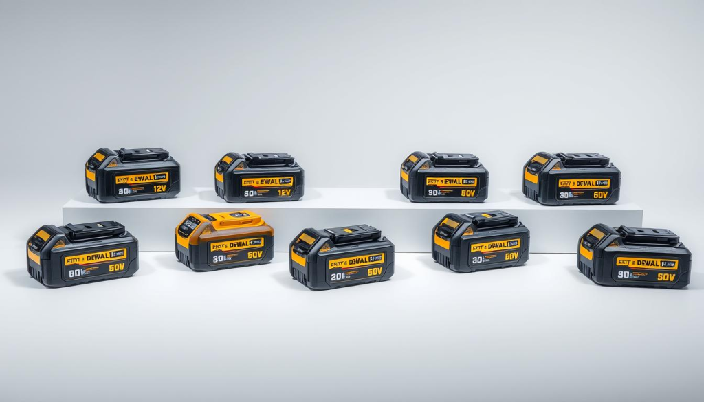 A highly detailed and realistic image of several DeWalt power tool battery models displayed on a clean, well-lit surface. The batteries are arranged in a visually appealing and informative layout, showcasing their different voltage options from 12V to 60V. The lighting emphasizes the sleek, sturdy design and branding of the DeWalt batteries, while maintaining a neutral, technical atmosphere suitable for an educational article. The background is simple and uncluttered, allowing the batteries to be the focal point. The camera angle provides a clear, high-quality view of the various battery models.