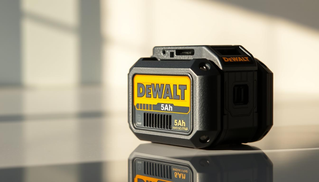 A highly detailed, close-up view of a DeWalt 5Ah battery, showcasing its technical specifications and design. The battery is positioned on a clean, reflective surface, illuminated by soft, natural lighting from the side, creating subtle shadows and highlights that emphasize its form and features. The image captures the battery's rugged, industrial aesthetic, with a focus on the textured grip, ventilation slots, and the DeWalt logo prominently displayed. The depth of field is shallow, keeping the battery in sharp focus while the background is subtly blurred, directing the viewer's attention to the technical details of this powerful energy source.