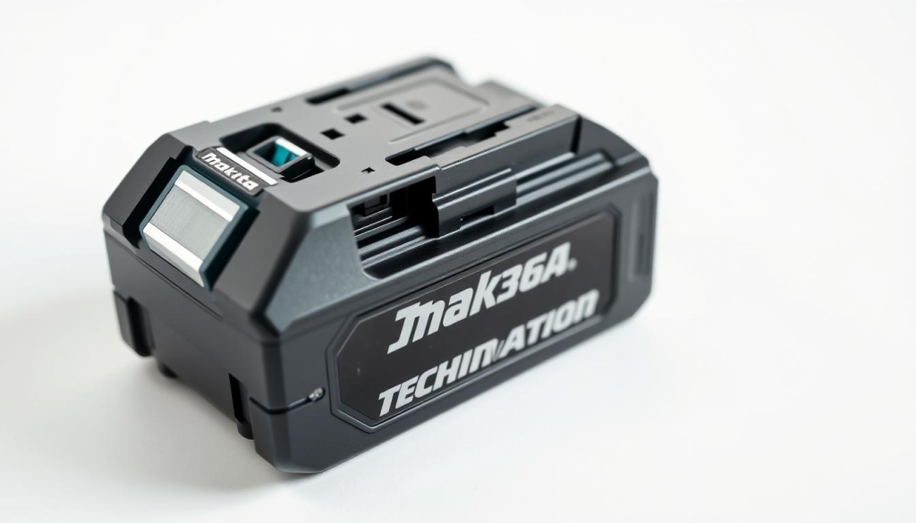 A highly detailed closeup view of a Makita 36V battery pack, showcasing its cutting-edge technology. The battery is presented against a clean white background, allowing its sleek and modern design to take center stage. Precise engineering details are visible, such as the interlocking cells, cooling vents, and power terminals. The lighting is soft and diffused, accentuating the battery's metallic accents and creating subtle shadows that highlight its dimensional aspects. The composition emphasizes the battery's robust and reliable construction, conveying the power and performance that fuels the Makita 36V Circular Saw.