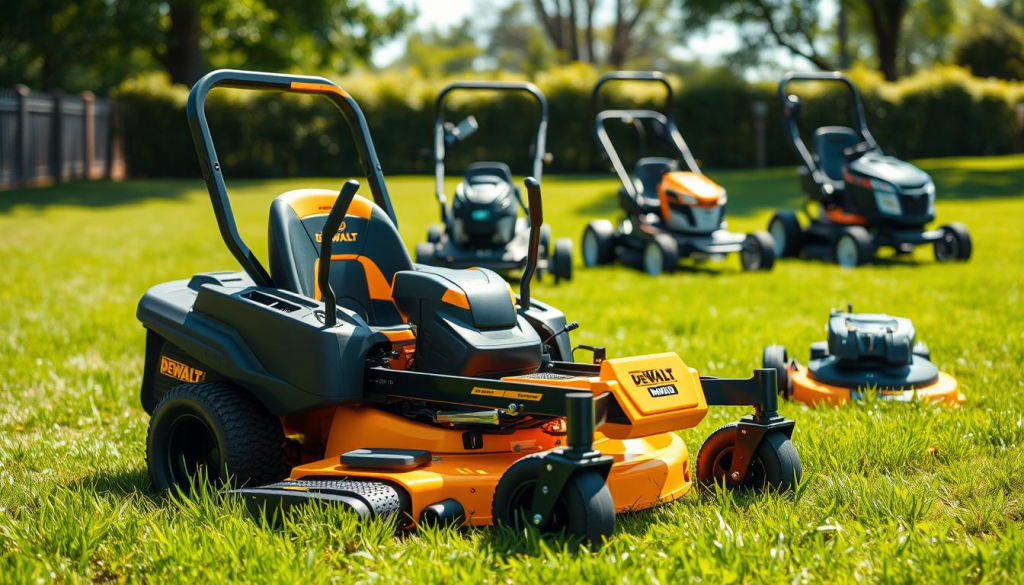 A highly detailed comparison of the DeWalt Z254 lawn mower against its competitors, captured in a realistic scene. The Z254 is prominently displayed in the foreground, its sleek black and yellow design contrasted against the lush green lawn. In the middle ground, other lawn mowers are neatly arranged, showcasing their distinct features and designs. The background is a well-lit, sun-dappled outdoor setting, providing a natural and inviting atmosphere. The image is shot at a slight angle, emphasizing the depth and scale of the scene, with crisp focus and realistic textures to highlight the quality and craftsmanship of the mowers.
