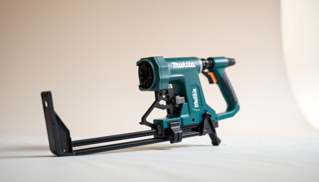 A highly detailed, high-resolution image of a Makita framing gun, showcased in a well-lit studio setting. The tool is positioned in the center of the frame, captured from a slightly angled perspective to emphasize its ergonomic design and the precision of its components. The foreground features the gun's trigger, magazine, and safety mechanisms, while the middle ground showcases the body and overall construction. The background is a clean, neutral backdrop that allows the tool to take center stage. The lighting is soft and diffused, creating a professional, product-focused atmosphere that highlights the quality and craftsmanship of the Makita framing gun.