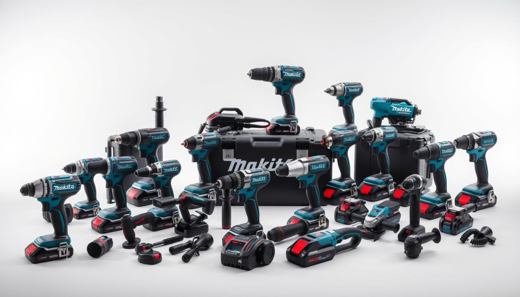 A highly detailed, meticulously lit, and professionally photographed product shot of the Makita 40V power tool collection. A gleaming array of cordless drills, impact drivers, grinders, and other tools arranged in an organized, visually striking display against a clean, minimalist background. Each tool is precisely angled to highlight its design, ergonomics, and premium construction, showcasing the uncompromising power and durability of the Makita 40V system. Brilliant studio lighting from multiple angles casts dramatic shadows and highlights the tools' metallic finishes, creating a sense of depth and dimension. The overall composition conveys a high-end, sophisticated aesthetic that complements the technical capabilities of the Makita 40V power tools.