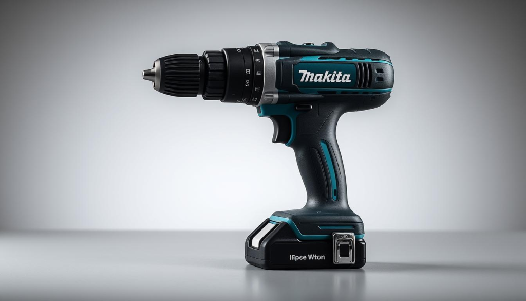 A highly detailed, meticulously rendered image of a Makita impact drill in a well-lit, professional studio setting. The drill is positioned in the center of the frame, showcasing its sleek and ergonomic design, with a sharp focus on the key features such as the powerful motor, durable construction, and intuitive controls. The background is a neutral, slightly reflective surface that allows the drill to stand out prominently. Soft, directional lighting from the sides and above accentuates the drill's form and surfaces, creating subtle shadows and highlights that convey a sense of depth and materiality. The overall mood is one of precision, quality, and high-performance, reflecting the benefits of choosing a Makita impact drill for DIY projects.
