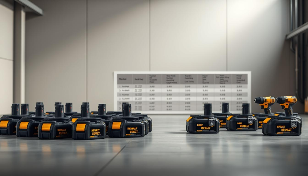 A highly detailed, meticulously rendered image showcasing a comprehensive compatibility list for DeWalt Hercules batteries. The list is presented against a backdrop of clean, well-lit, and minimalist industrial design, evocative of the high-quality power tools these batteries are designed for. The foreground features the battery models arrayed in an organized grid, with each unit displayed in a crisp, high-resolution close-up. The middle ground offers a subtle, yet informative table or chart outlining the technical specifications and cross-compatibility details. The background maintains a sense of depth and balance, with muted tones and gentle highlights that draw the viewer's attention to the central information. The overall atmosphere is one of professionalism, clarity, and a keen attention to detail - reflecting the importance of this compatibility information for DIY enthusiasts and tradespeople alike.