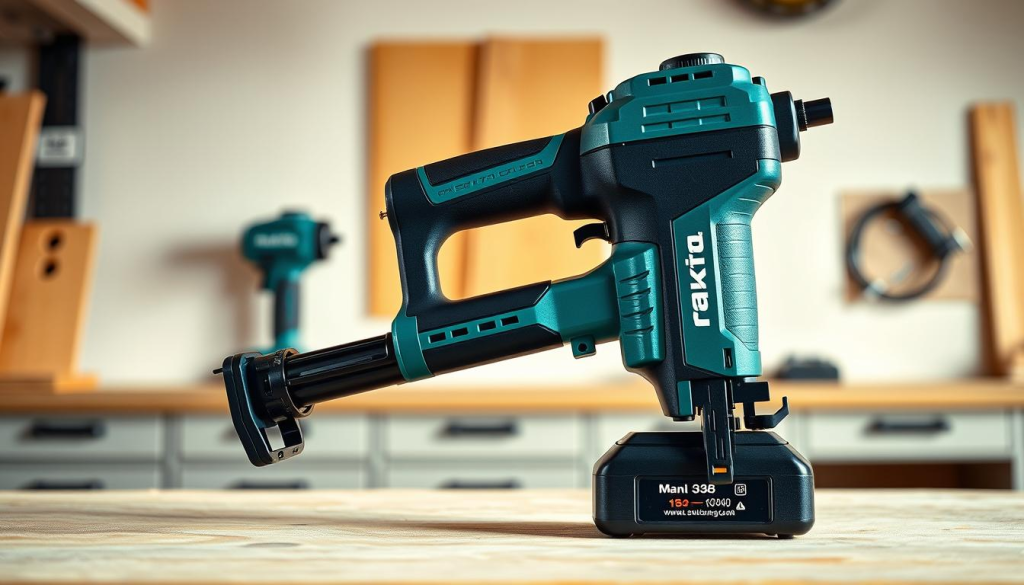 A highly detailed, photorealistic image of a Makita cordless battery-powered nail gun, positioned in a well-lit, clean workshop setting. The nail gun is the central focus, with a crisp, sharp, and well-lit foreground. The background features a neutral, slightly blurred, but clean and organized workbench, with other Makita power tools visible in the distance, conveying a sense of a professional, well-equipped workspace. The lighting is natural and diffused, creating soft shadows and highlights that emphasize the intricate details of the nail gun's construction, including its compact size, ergonomic design, and the Makita brand logo. The overall mood is one of precision, quality, and efficiency, reflecting the key features of this versatile cordless nail gun.
