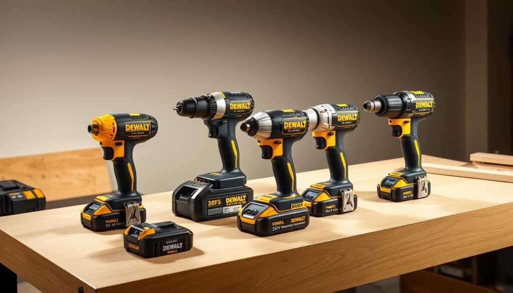A highly detailed, photorealistic image of a collection of DEWALT 20V MAX power tools arranged on a clean, well-lit workbench. The tools are positioned neatly, with a focus on showcasing their sleek, modern design and key features. The lighting is bright and directional, creating dramatic shadows and highlights that accentuate the tools' metallic surfaces and textured grips. The background is a simple, neutral workspace with just enough context to suggest a professional workshop setting, allowing the tools to be the central focus. The overall mood is one of precision, quality, and the reliable performance that DEWALT is known for.