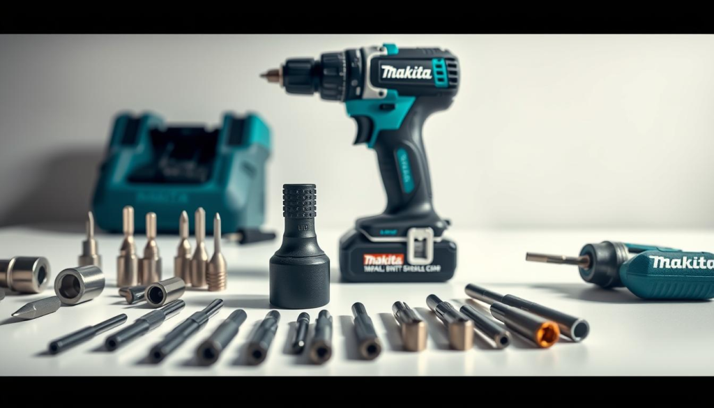 A highly detailed, photorealistic image of an assortment of Makita screwdriver accessories arranged on a clean, white tabletop. The foreground features a variety of driver bits, including Phillips, Pozidriv, Torx, and hex tips, as well as a magnetic bit holder. In the middle ground, a compact Makita impact driver and a Makita cordless screwdriver are prominently displayed, showcasing their ergonomic designs and Makita branding. The background is softly blurred, creating a sense of depth and focus on the tools. The lighting is natural and diffused, accentuating the textures and colors of the Makita accessories. The overall mood is one of precision, functionality, and the high-quality craftsmanship associated with the Makita brand.
