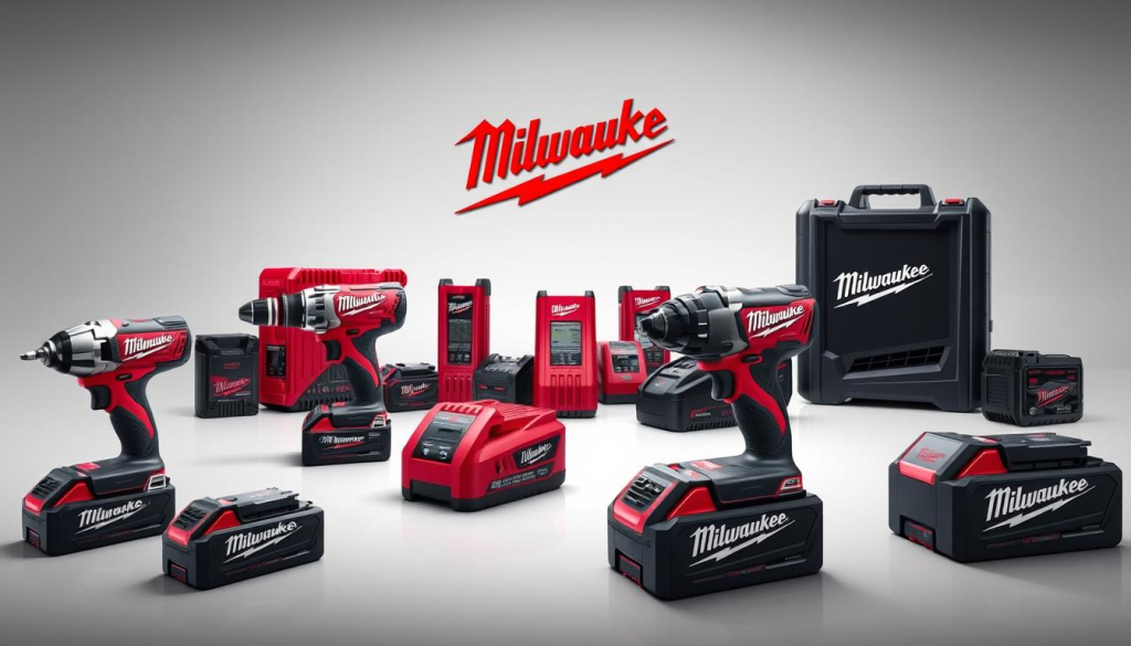 A highly detailed, photorealistic image of the Milwaukee Battery Systems product line, showcased in a well-lit studio setting. The foreground features the latest Milwaukee cordless power tools, their sleek and durable battery packs prominently displayed. The middle ground showcases a range of Milwaukee battery chargers in various sizes and configurations. The background depicts a clean, minimalist backdrop, allowing the products to take center stage. The lighting is soft and even, highlighting the intricate details and branding of the Milwaukee lineup. The overall composition is balanced and visually appealing, capturing the high-quality and innovative nature of the Milwaukee Battery Systems.