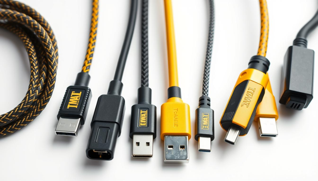 A highly detailed, photorealistic side-by-side comparison of a DEWALT USB-C cable alongside competing USB-C cables from other brands. The cables are displayed on a minimalist white background, allowing their physical features and build quality to be closely examined. Crisp lighting highlights the subtle textures and material differences between the cables. The DEWALT cable stands out with its distinctive yellow and black color scheme, rugged construction, and premium connectors. The competing cables are shown in a range of colors and styles, providing a comprehensive visual guide for consumers to assess the unique characteristics of the DEWALT offering.