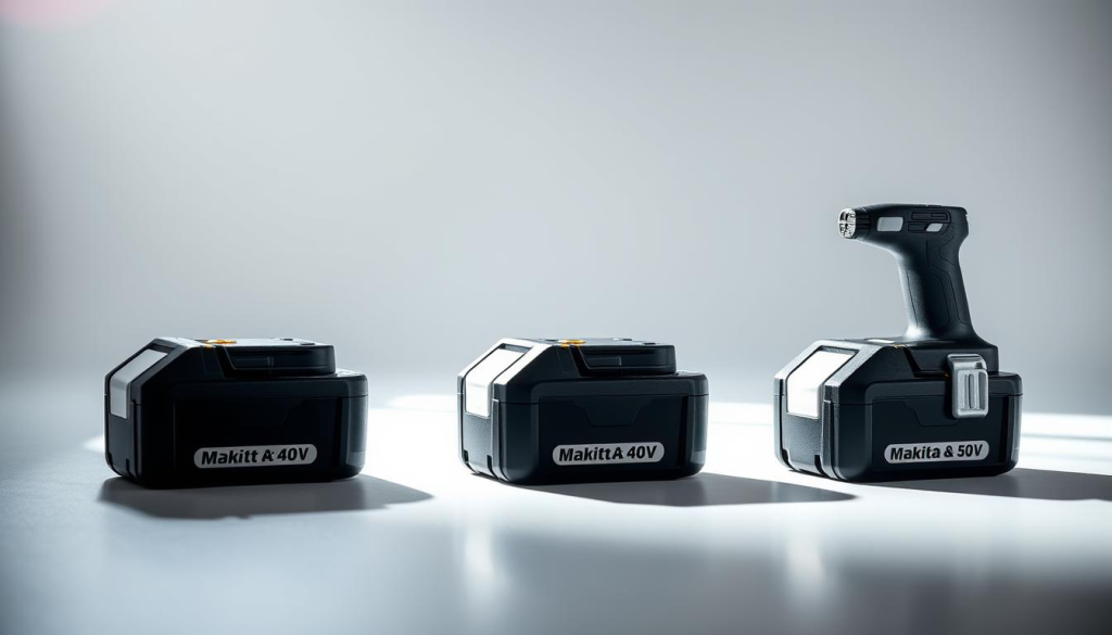 A highly detailed, professional-grade comparison of Makita 40V batteries. A trio of batteries in the foreground, showcasing their size and design. The middle ground features a clean, neutral background to highlight the batteries. Bright, natural lighting from the left casts dramatic shadows and highlights the textures. The composition is balanced, with the batteries arranged symmetrically. The overall mood is one of precision, quality, and technical expertise, befitting a high-end power tool accessory.