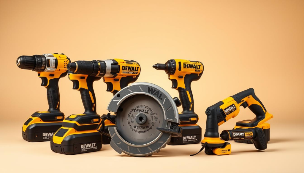 A highly detailed, still life image of various DEWALT Z260 power tool accessories, artistically arranged against a clean, neutral background. The accessories include a cordless hammer drill, an impact driver, a circular saw, and an oscillating multi-tool, all in the distinctive DEWALT yellow and black color scheme. The tools are positioned to showcase their key features, with carefully considered lighting and angles to highlight their high-quality craftsmanship and robust construction. The overall composition conveys a sense of professionalism, reliability, and the versatility of the DEWALT Z260 power tool system.